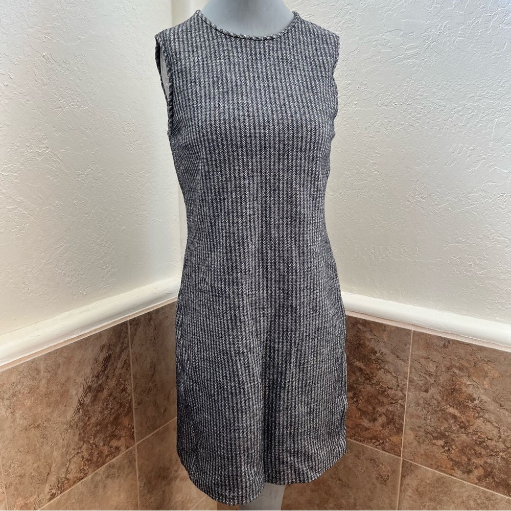 Theory Black/White Herringbone Cotton/Wool Blend Stretch Shift Dress, 2